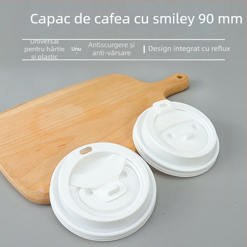 Capac de cafea de unică folosință, diametru 90 mm, cu zâmbet, etanș pentru băuturi calde în pahare takeaway