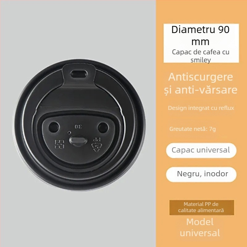 Capac de cafea de unică folosință, diametru 90 mm, cu zâmbet, etanș pentru băuturi calde în pahare takeaway