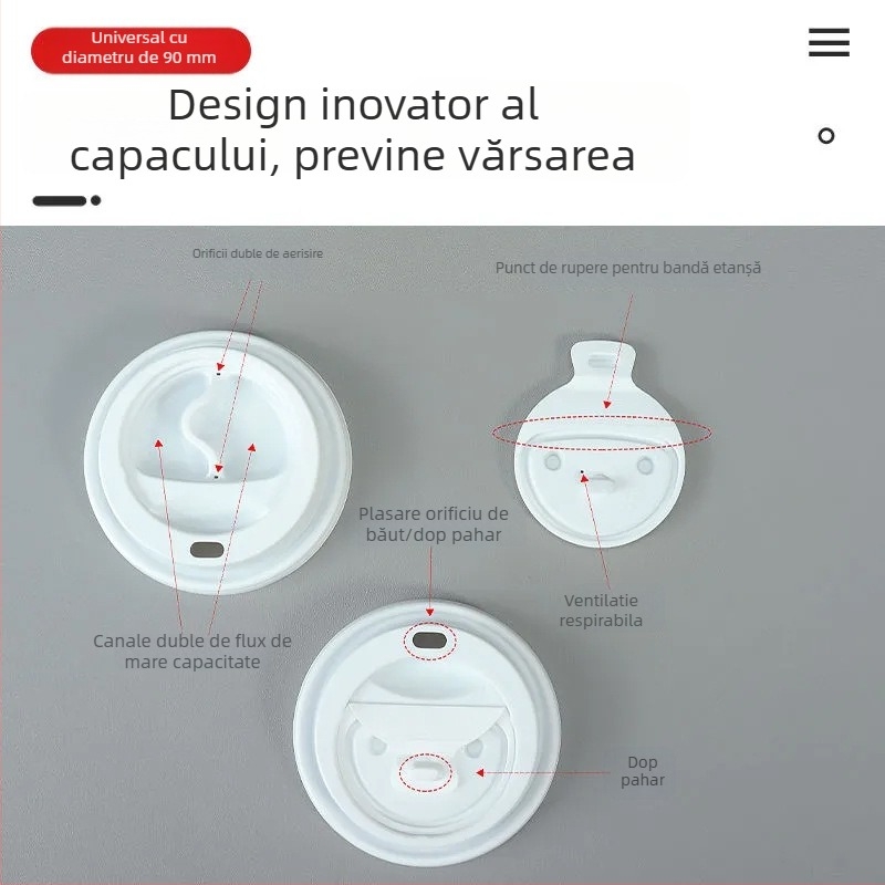 Capac de cafea de unică folosință, diametru 90 mm, cu zâmbet, etanș pentru băuturi calde în pahare takeaway