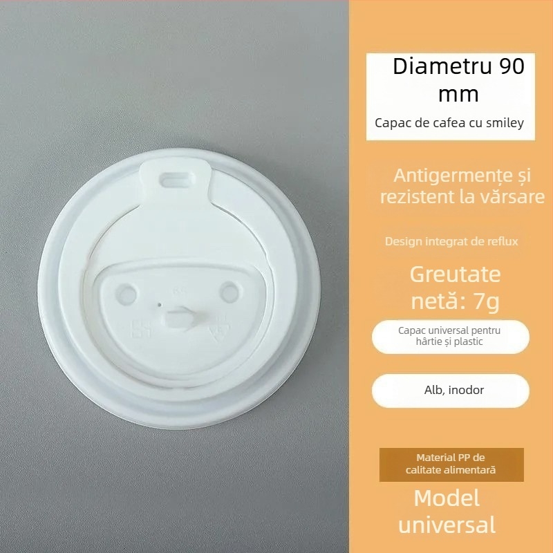 Capac de cafea de unică folosință, diametru 90 mm, cu zâmbet, etanș pentru băuturi calde în pahare takeaway