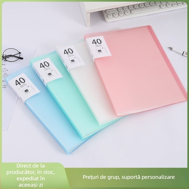 Dosar A4 cu pagini de inserție, album foto cu pagini interioare transparente, organizator pentru foi de teste, dosar pentru partituri muzicale, colecție de certificate prenatale și premii