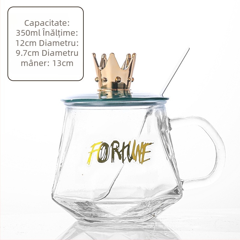 Ceașcă de sticlă cu capac în formă de coroană pentru birou și acasă