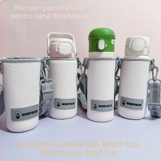 Husă sport Cup Bear Ruiqi pentru termos cilindric Chaoyiqi, cu curea cross-body și bandă reflectorizantă.
