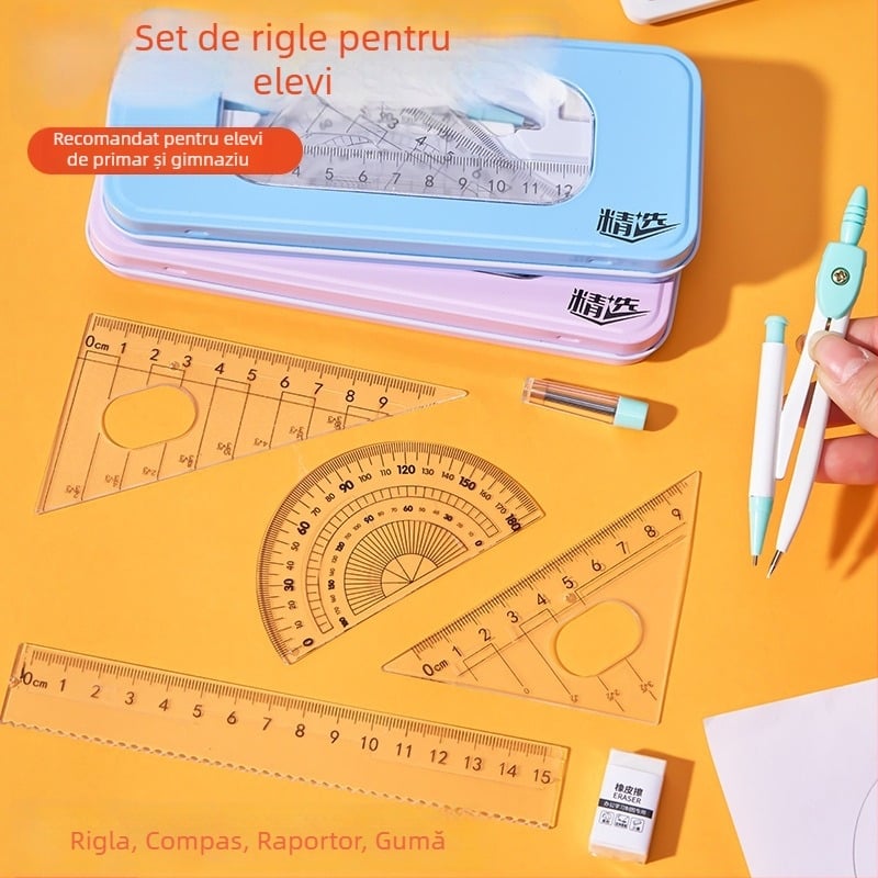 Set compas și riglă: triunghi drăguț, riglă dreaptă, set de șapte piese pentru desen pentru elevi
