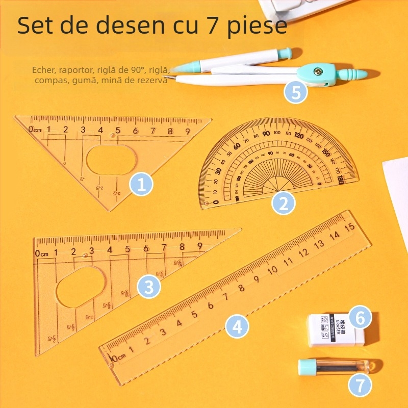 Set compas și riglă: triunghi drăguț, riglă dreaptă, set de șapte piese pentru desen pentru elevi