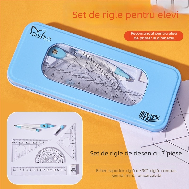 Set compas și riglă: triunghi drăguț, riglă dreaptă, set de șapte piese pentru desen pentru elevi