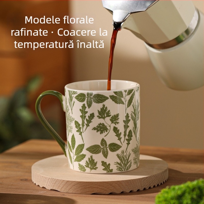 Cană ceramică cu mâner, capacitate mare, cu frunze verzi și flori, design retro