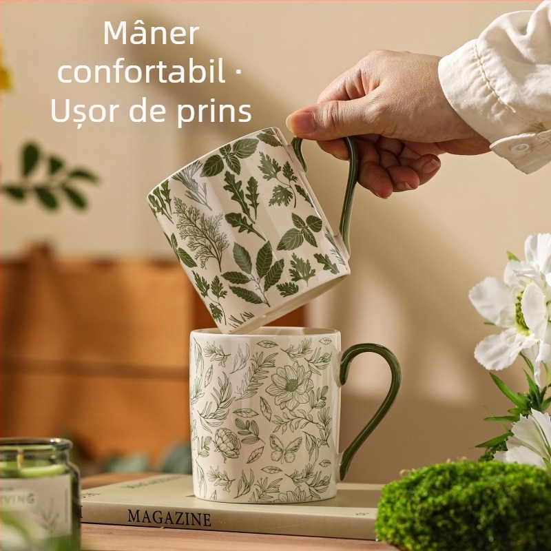 Cană ceramică cu mâner, capacitate mare, cu frunze verzi și flori, design retro