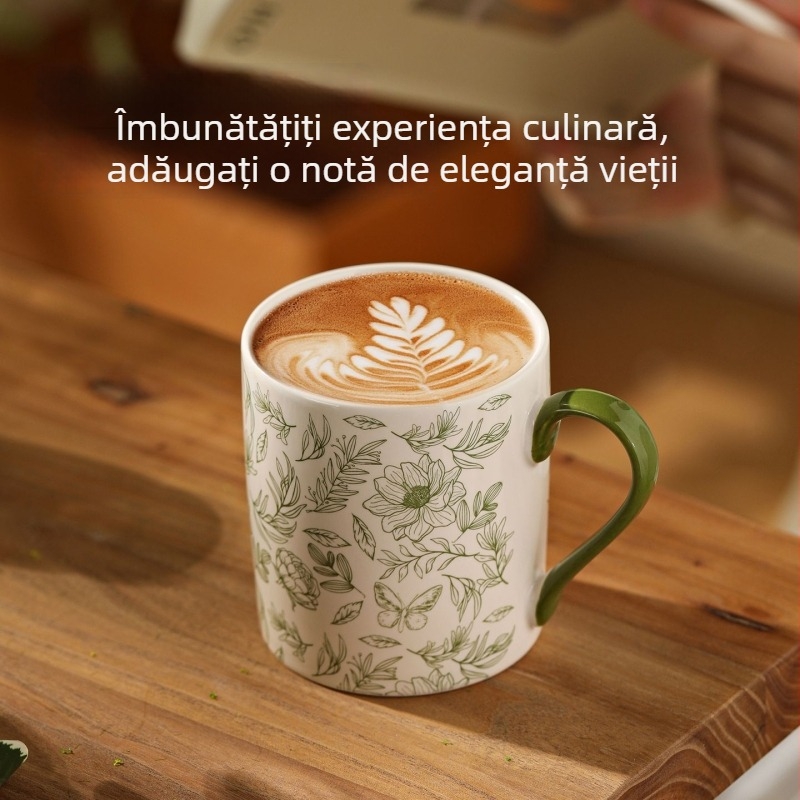 Cană ceramică cu mâner, capacitate mare, cu frunze verzi și flori, design retro