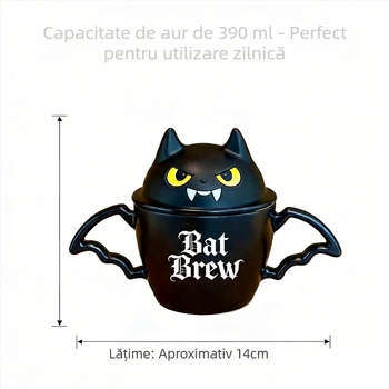 Cană de Halloween cu liliac și pisică neagră, capac, mâner dublu, ceramică închisă – cadou creativ