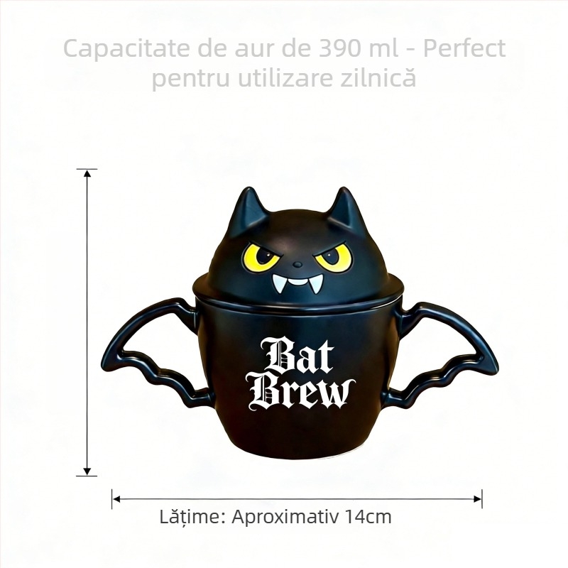 Cană de Halloween cu liliac și pisică neagră, capac, mâner dublu, ceramică închisă – cadou creativ