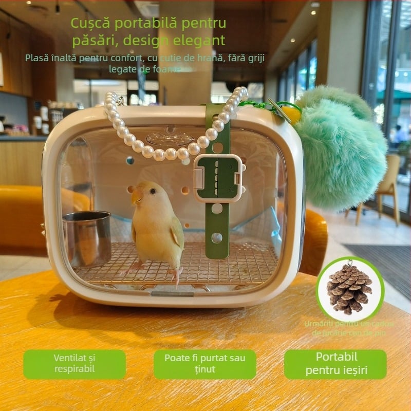 Cușcă portabilă din acril pentru păsări, exterior, pentru papagali, potrivită pentru budgerigar, lovebird și cockatiel