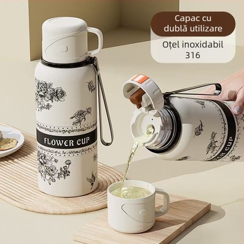 Termos Gardenia pentru ceai, interior din oțel inoxidabil 316, exterior din 201, izolație vid 6–12 ore, portabil, capacitate mare, cu infuzor de ceai