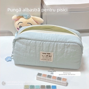 Geantă de pixuri albastră, cu motiv pisică și câine, organizator pentru rechizite, cu capacitate mare și compartimente interne