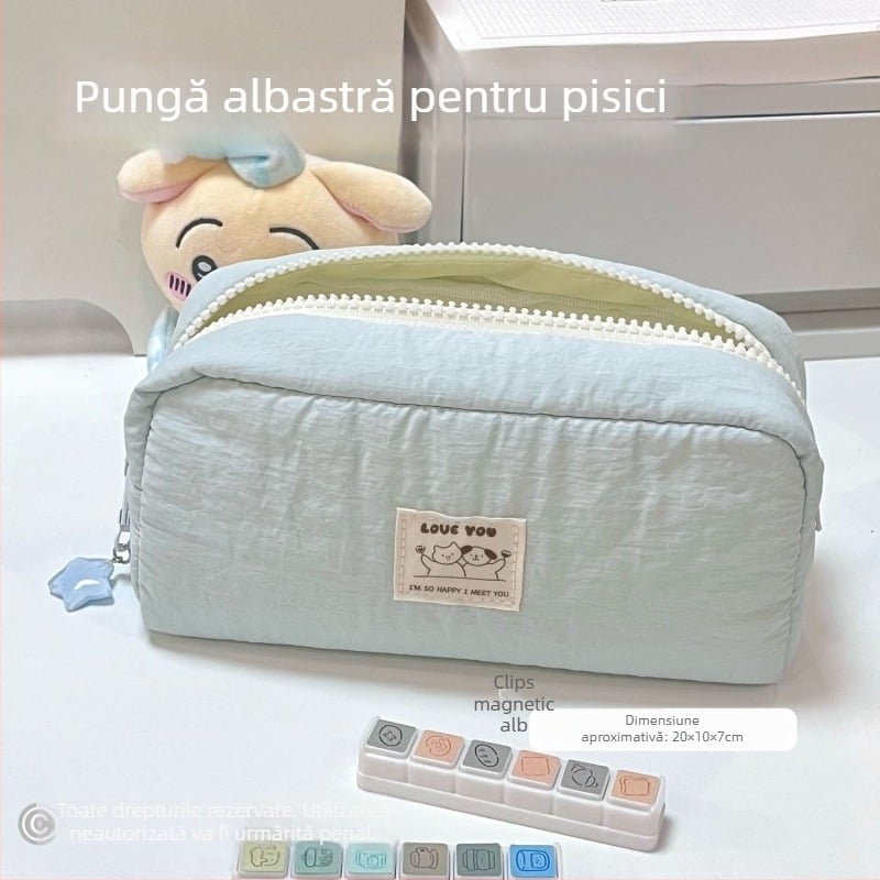 Geantă de pixuri albastră, cu motiv pisică și câine, organizator pentru rechizite, cu capacitate mare și compartimente interne