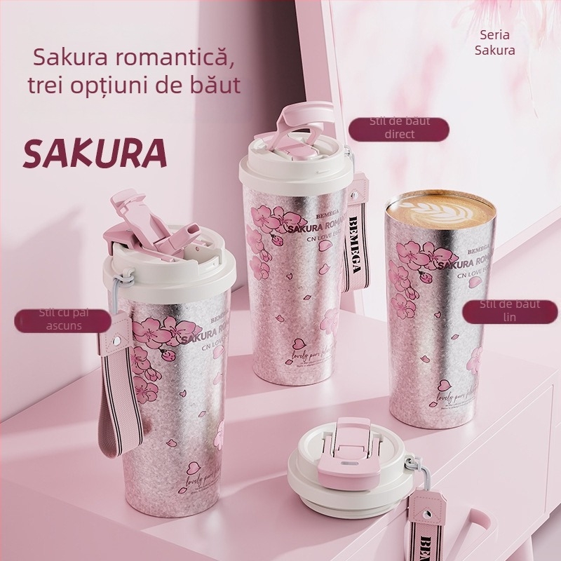 Bemega cană termos din titan pur pentru femei, design cu floare de cireș, model 2026, cu pai, pentru cafea și apă