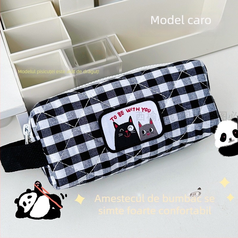 Penar textil cu model pătrățelat în carouri, stil artistic, pentru elevi, cutie de papetărie drăguță pentru călătorii