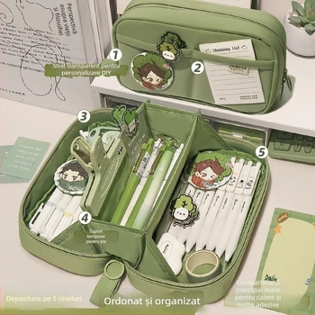 Penar vulcan cu 5 straturi, capacitate mare, design transparent cu două straturi pentru elevi din ciclul primar și gimnaziu