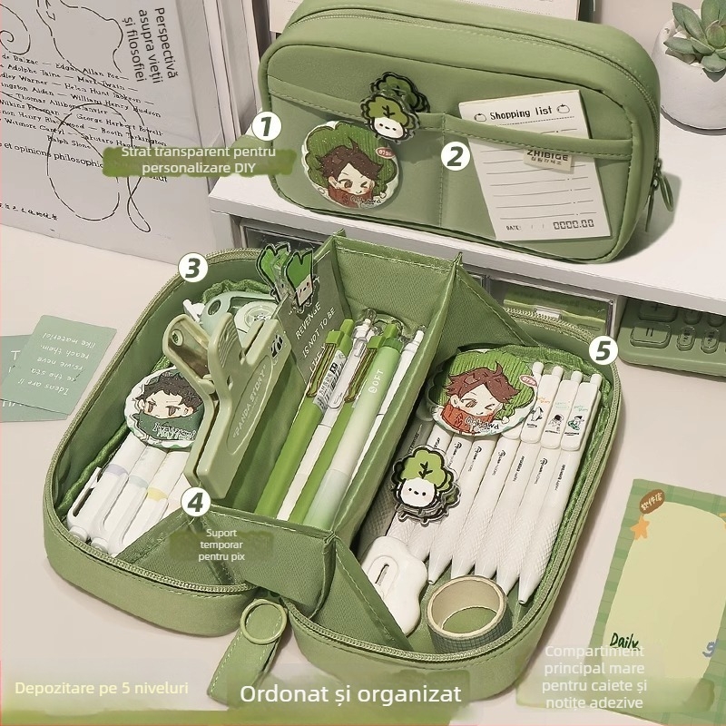 Penar vulcan cu 5 straturi, capacitate mare, design transparent cu două straturi pentru elevi din ciclul primar și gimnaziu