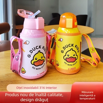 Little Yellow Duck Termos pentru copii cu pai, din oțel inoxidabil 316, clasă alimentară