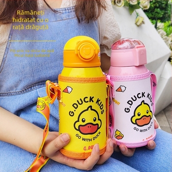 Little Yellow Duck Termos pentru copii cu pai, din oțel inoxidabil 316, clasă alimentară
