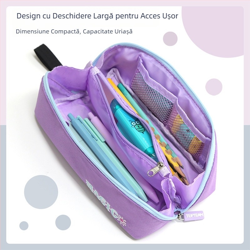 Etui multifunctional orizontal pentru elevi - capacitate mare, material Oxford, albastru și roz, fermoar comod