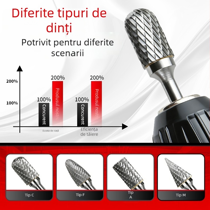 Set de fișiere rotative din carburi cu capete din oțel Wolfram pentru lustruire, debavurare și reaming – bază 6 mm, freză-burghiu