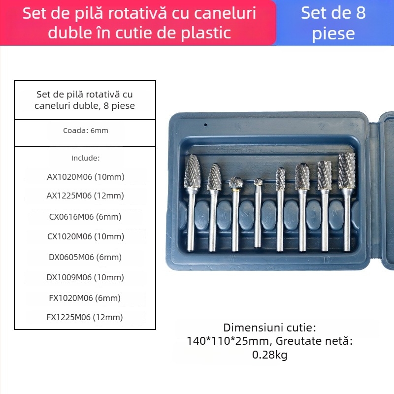 Set de fișiere rotative din carburi cu capete din oțel Wolfram pentru lustruire, debavurare și reaming – bază 6 mm, freză-burghiu