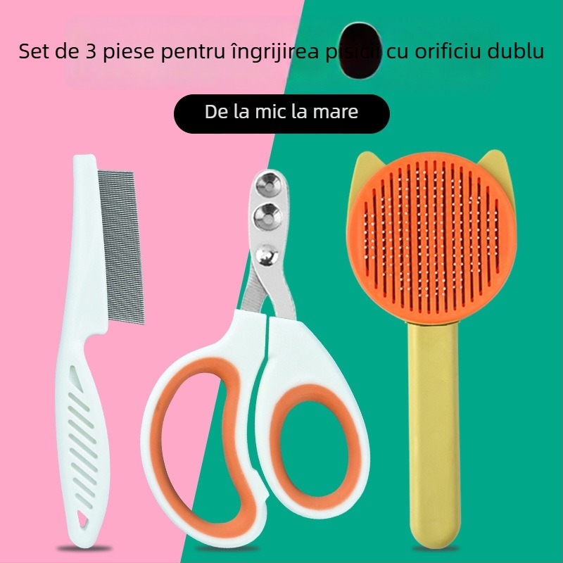 Set de trei piese pentru îngrijire a animalelor de companie: foarfece pentru unghii, foarfece pentru pisici, clește pentru gheare și pieptene