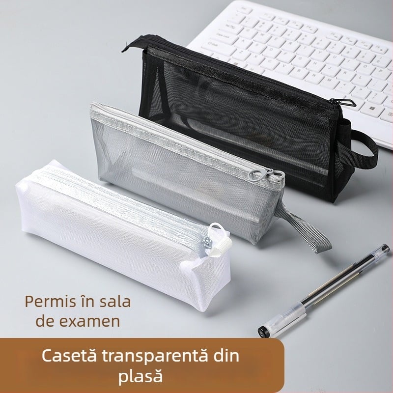 Etui pentru creioane din plasă, cu capacitate mare, geantă transparentă pentru studiu, organizator portabil de papetărie