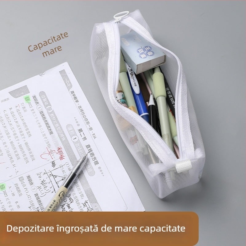 Etui pentru creioane din plasă, cu capacitate mare, geantă transparentă pentru studiu, organizator portabil de papetărie