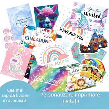 Invitații în germană, engleză și franceză, cu cărți de salut și mulțumire, într-o cutie pentru carduri — imprimare personalizată din imaginea dvs.