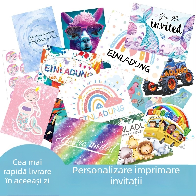 Invitații în germană, engleză și franceză, cu cărți de salut și mulțumire, într-o cutie pentru carduri — imprimare personalizată din imaginea dvs.