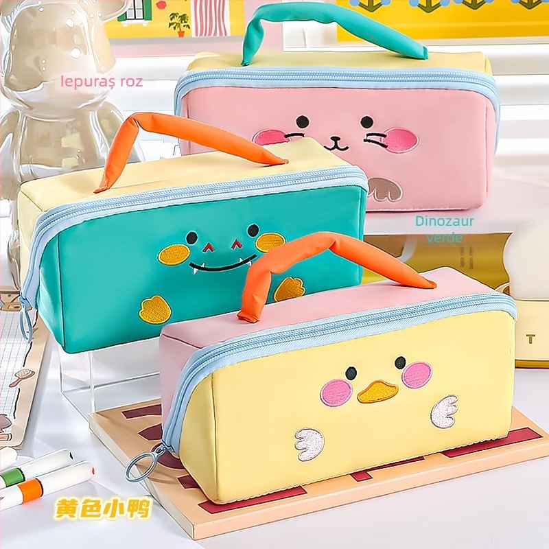 Penar pentru creioane cu animale în stil cartoon, design color-block, capacitate mare, cu mâner