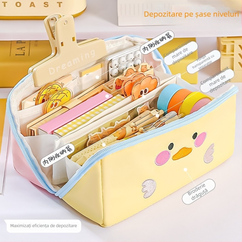 Penar pentru creioane cu animale în stil cartoon, design color-block, capacitate mare, cu mâner