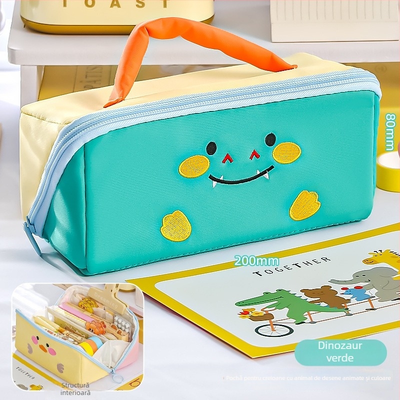 Penar pentru creioane cu animale în stil cartoon, design color-block, capacitate mare, cu mâner