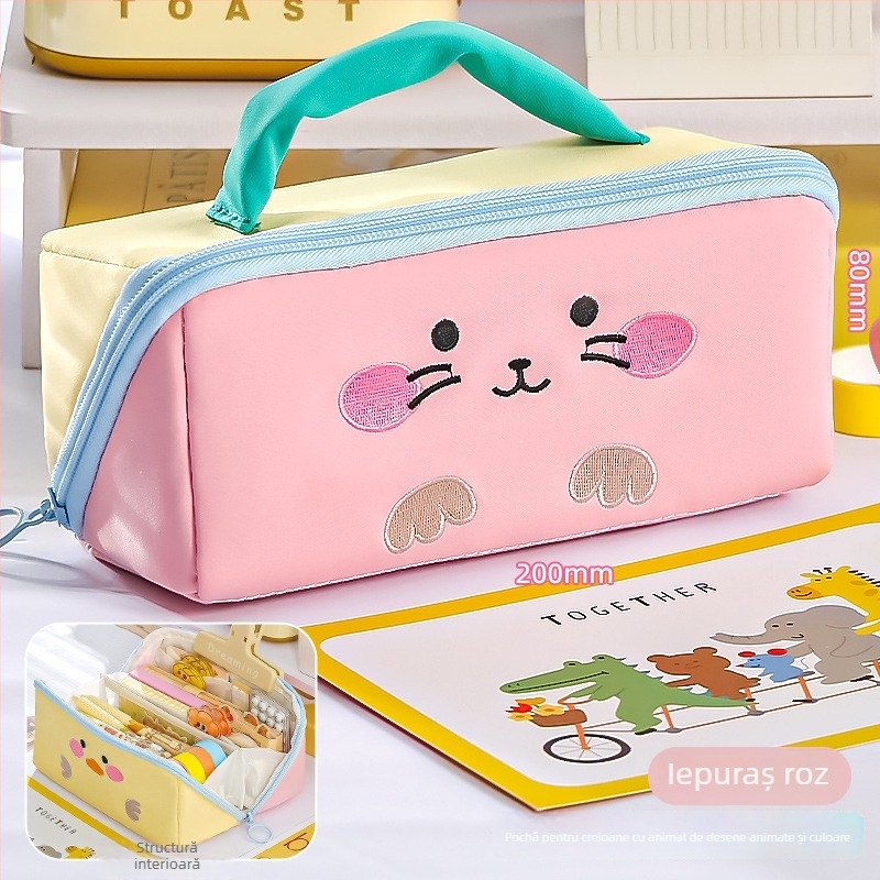 Penar pentru creioane cu animale în stil cartoon, design color-block, capacitate mare, cu mâner