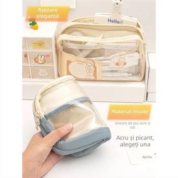 Penar transparent, capacitate mare, design cu trei straturi, pentru eleve.