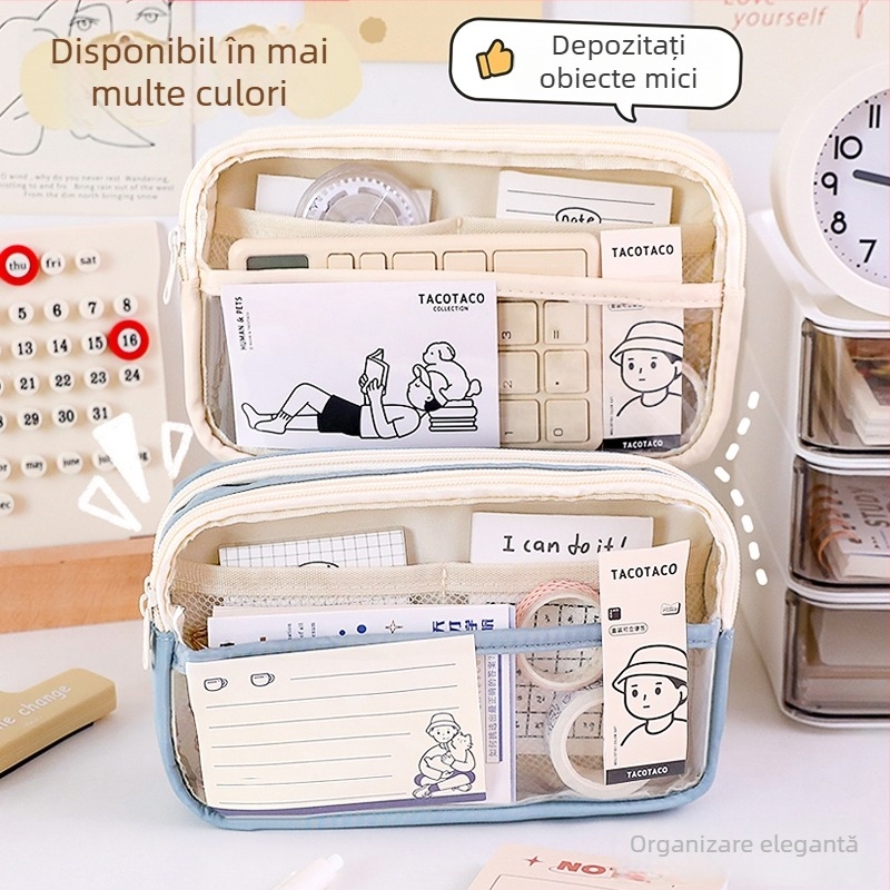 Penar transparent, capacitate mare, design cu trei straturi, pentru eleve.