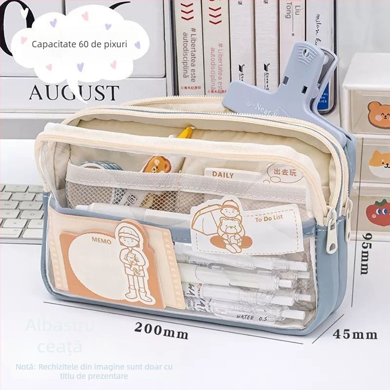 Penar transparent, capacitate mare, design cu trei straturi, pentru eleve.