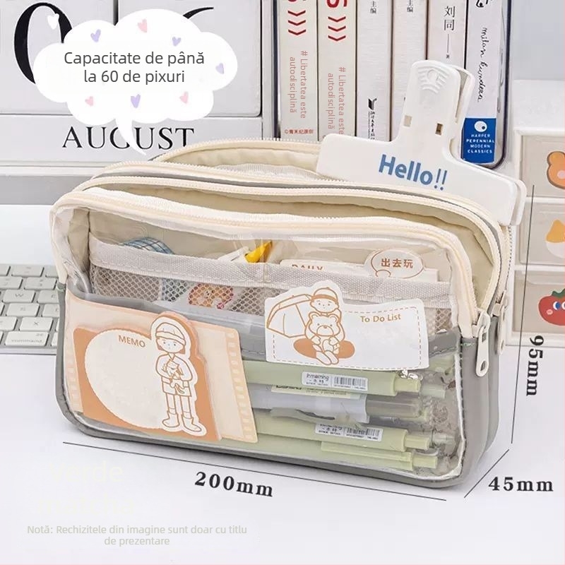 Penar transparent, capacitate mare, design cu trei straturi, pentru eleve.