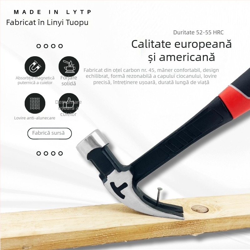 Ciocan monobloc din oțel cu carbon înalt, cap cu gheară, formă octagonală, pentru scoaterea cuiului, magnet puternic
