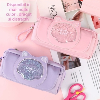 Penar din pânză cu design pisică, stil coreean, trei compartimente, pentru elevi