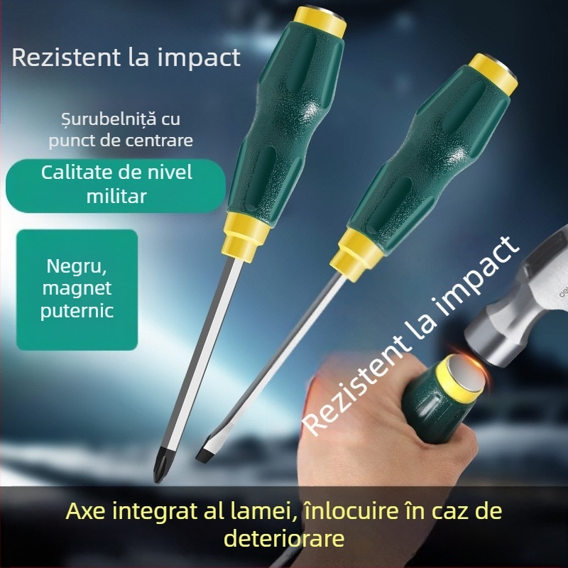 Șurubelniță magnetică cu nucleu prin, șurubelniță de impact industrial ultradură, cu capete plată și cruciş, grea