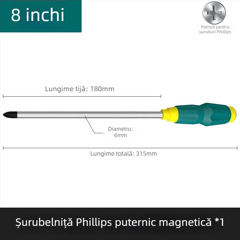 Șurubelniță magnetică cu nucleu prin, șurubelniță de impact industrial ultradură, cu capete plată și cruciş, grea