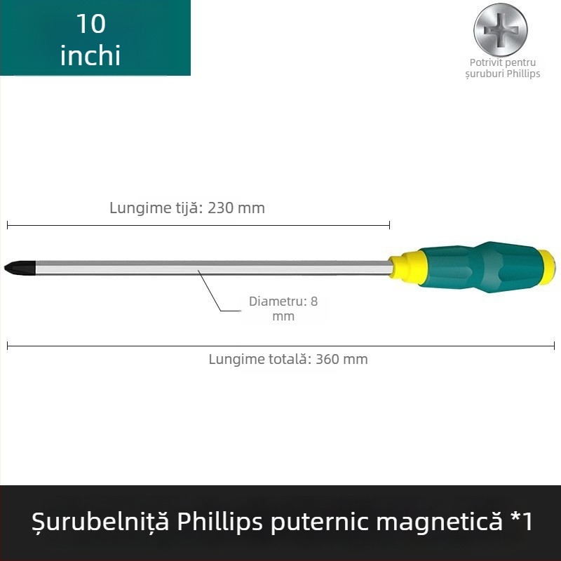 Șurubelniță magnetică cu nucleu prin, șurubelniță de impact industrial ultradură, cu capete plată și cruciş, grea
