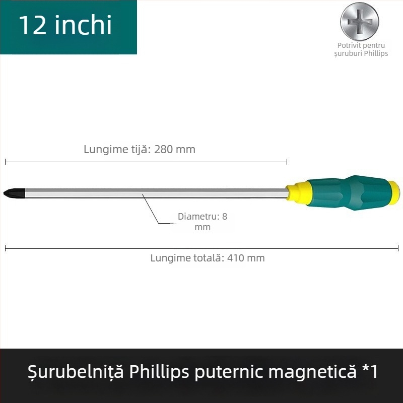 Șurubelniță magnetică cu nucleu prin, șurubelniță de impact industrial ultradură, cu capete plată și cruciş, grea