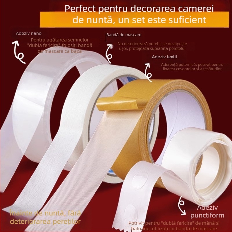 Bandă dublu adezivă pentru decor de nuntă, bază din țesătură, adeziv punctat pe hârtie de mască, aderență puternică, fără urme