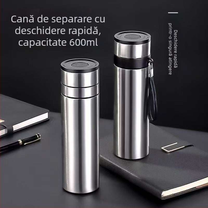 Ceainic termos din oțel inoxidabil 316, capac cu deschidere la un singur buton, pentru mașină, separare ceai-apă
