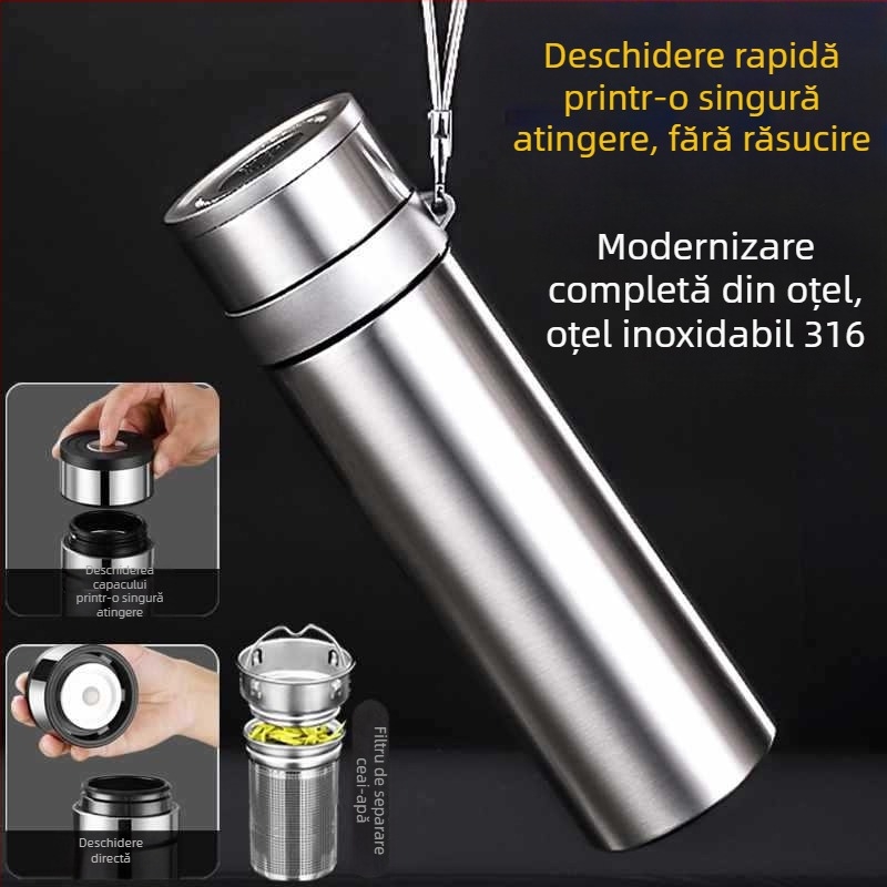 Ceainic termos din oțel inoxidabil 316, capac cu deschidere la un singur buton, pentru mașină, separare ceai-apă